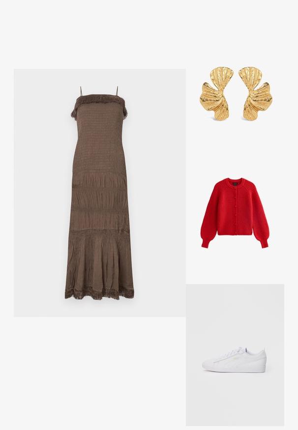 Rode gebreide cardigan met een ronde halslijn, knoopsluiting en opgevulde mouwen. Geweven ribbels over de gehele lengte en een cropped lengte.; Bruine, mouwloze jurk met een geplooide bovenkant, geplooide rok en franjeranden bij de halslijn en zoom. Zachte, textuurrijke stof.; Witte lage Puma sneakers met gevlochten veters, subtiele branding aan de zijkant en onderzijde, en een gladde synthetische bovenkant voor casual gebruik.; Goudkleurige oorbellen in de vorm van schelpbladen, met een gestructureerd, geribbeld oppervlak en een gepolijste afwerking, geschikt voor verschillende gelegenheden.