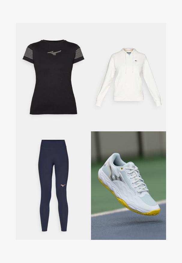 Valkoinen vetoketjullinen huppari, jossa etutaskut, nyöritettävä huppu ja pieni vihreä krokotiililogo vasemmassa rinnassa.; Musta t-paita lyhyillä hihoilla, jossa on valkoiset vaakaraitat hihojen päissä ja valkoinen logo rinnassa. Pehmeä kankaan rakenne.; Tummansiniset leggingsit korkealla vyötäröllä, valmistettu joustavasta kankaasta. Alhaalla vasemmassa lahkeessa on vaaleanpunainen logo. Suora, vartalonmyötäinen muotoilu.; Valkoinen urheilukengä, jossa on teksturoitu verkkopinta, keltaiset yksityiskohdat pohjassa ja virtaviivainen muotoilu mustalla logoyksityiskohdalla.