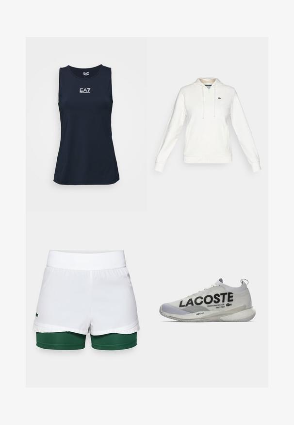 Bela zip-up kapuca s sprednjimi žepi, kapuco s vrvico in majhnim zelenim krokodilom na levi strani prsnega koša.; Mornarsko brezrokavno atletsko majico iz gladkega materiala. Ima belo EA7 logo na prsih. Preprost, oprijet dizajn.; Beli šortai z ribanim pasom, ki notranjo zeleni plast in nabiranje na robu. Lacoste logo na levi strani.; Bela in siva Lacoste teniska z okovjem podobnim nogavici, velikim črnim logotipom in oblazinjeno podplatom z oznako "LSRFOAM" na beli podlagi.