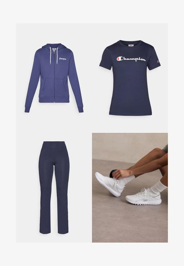 Champion GRAPHIC FULL ZIP HOODIE - Športna jopa s kapuco na zadrgo - dark blue; Temno modra bombažna majica s kratkimi rokavi, z belim logotipom "Champion". Redna prileganje s krožnim ovratnikom in mehko teksturo.; Temno modri, oprijeti jogijski hlače z visokim pasom in ravnimi nogami, izdelane iz gladkega, raztegljivega materiala. Brez vidnih vzorcev ali dodatkov.; Bele atletske čevlje bele barve z teksturiranim zgornjim delom, zaokroženim prstom in vzorčastim podplatom. Usklajeni z belimi rebrastimi nogavicami, nosijo jih na gladki površini.