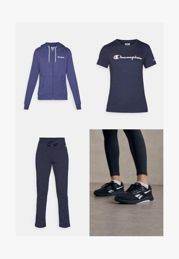 Champion GRAPHIC FULL ZIP HOODIE - Mikina so zipsom - dark blue; Námornícky modré bavlnené tričko s krátkymi rukávmi, s bielym logom "Champion". Štandardný strih s okrúhlym výstrihom a jemnou textúrou.; Námornícky modré tepláky vyrobené z jemnej tkaniny, s nastaviteľným pásom na šnúrku, rovnými nohavicami a malým logom na strane.; Čierne športové topánky s textúrovaným sieťovým zvrškom, bielymi akcentmi a polstrovanou podrážkou. Nosené s čiernymi legínami, ktoré zvýrazňujú elegantný dizajn.