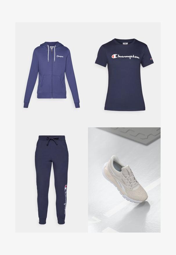 Champion GRAPHIC FULL ZIP HOODIE - Vetoketjullinen college - dark blue; T-paita, jossa on lyhyet hihat, tummansinistä puuvillaa, ja jossa on valkoinen "Champion"-logo. Tavallinen malli pyöreällä kaula-aukolla ja pehmeä pinta.; Laivansiniset verkkohousut nauhakuulalla vyötäröllä, joustavat henkseleiden päädyssä ja valkoinen Champion-logo vasemmassa jalassa. Pehmeä puuvillasekoitemateriaali.; Vaaleabeige urheilusukka, jossa on rei'itetty päällinen, tekstuuriset aksentit, pehmustettu nilkkareunus ja valkoinen kumipohja, suunniteltu mukavuutta ja hengittävyyttä varten.