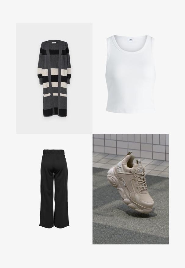Cardigan lung gri cu dungi verticale negre și crem. Prezintă un front deschis, mâneci largi și o croială lejeră. Textură moale.; Top alb cu detalii texturate, cu guler rotund, fără mâneci și lungime scurtă. Eticheta spune "JJXX." Textură de țesătură netedă.; Pantaloni negri, cu croi larg și talie elastică, realizați dintr-un material neted. Au un design simplu, fără buzunare sau detalii de cusătură vizibile.; Pantofii sport bej au un upper din plasă și material sintetic, cu un guler căptușit și un talpă masivă cu accente texturate. Brandingul este vizibil pe lateral.
