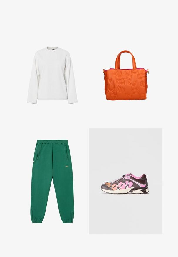 Green zip-up hoodie, featuring a gold logo, drawstring hood, two front pockets, and ribbed cuffs and hem. Made of soft fabric.; White long-sleeve sweatshirt featuring a round neckline, relaxed fit, and soft texture. No visible patterns or hardware details.; Green cotton joggers with elastic waistband, side pockets, and gold logo detail; tapered ankles with elastic cuffs.; Sport shoe featuring a mix of dark brown, pink, and orange colors. Smooth fabric and textured panels with a black fastening system.; Orange leather handbag with two handles, embossed geometric patterns, and visible pink lining at the top.