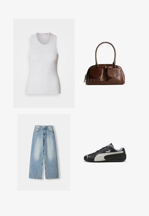 Beige strikket cardigan med lange ærmer, rund hals, ribbede manchetter og kant, samt en central række af sorte knapper. Mærket hedder "WEEKDAY."; Lys grå ribbet tanktop med rund halsudskæring og uden ærmer. Har et tætsiddende design og en diskret logo nær midten. Blød tekstur.; Lysblå denim wide-leg jeans med høj talje, der har en bleg finish, fem lommer og en lige pasform.; Sorte lædersneakers med en struktureret grå ruskindsstripe, prydet med hvide logo-detaljer og snørebåndsdesign, rund tå og gummisål.; Brun læderhåndtaske med to frontklaplommer, runde håndtag og en lynlås på siden mod en hvid baggrund.