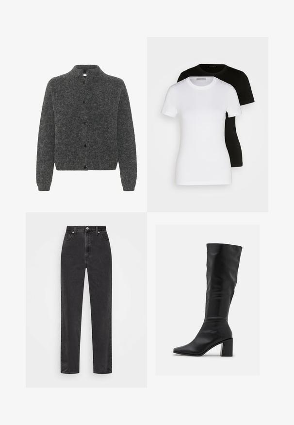 Gray, fuzzy cardigan with a stand-up collar, featuring a button front and long sleeves. Made from soft material with a textured finish.; Two short-sleeve T-shirts in black and white. Made of smooth cotton, featuring a classic round neckline and regular fit.; Straight-leg black denim jeans with high waist, front button and zipper, and five-pocket styling on a white background.; RAID BLICK - Boots - black