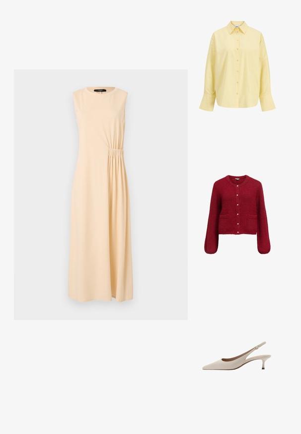 Červený skrátený kardigán s dlhými rukávmi, vyrobený z mäkkého textúrovaného materiálu. Obsahuje zapínanie na gombíky so zlatými akcentmi a dve predné vrecká.; Bezrukávové midi šaty v svetlo béžovej farbe, s nariaseným detailom na boku. Vyrobené z mäkkého materiálu, s okrúhlym výstrihom a voľným strihom.; Žltá bavlnená košeľa s špicatým golierom, predným zapínaním na gombíky, dlhými rukávmi a voľným strihom. Hladká textúra a jednoduchý dizajn.; Béžové lodičky na opätku s špicatou špičkou a nízkym rozšíreným opätkom. Vyrobené z hladkej kože s minimalistickým dizajnom a nastaviteľným popruhom.