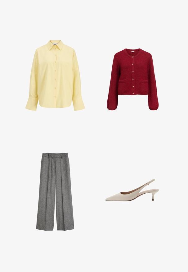 Punainen, lyhyt villatakki pitkillä hihoilla, valmistettu pehmeästä, teksturoidusta materiaalista. Varustettu kultaisilla yksityiskohdilla ja kahdella etutaskulla.; Keltainen puuvillapaita, jossa on terävä kaulus, edessä napp closure, pitkät hihat ja rento istuvuus. Sileä rakenne ja yksinkertainen muotoilu.; Harmaat villahousut, joissa on leveät lahkeet, vyölenkit ja etuomenet, suunniteltu rentoon, räätälöityyn istuvuuteen.; Beige avokkaat, joissa on terävä kärki ja matala, löysä kanta. Valmistettu sileästä nahasta, minimalistisella suunnittelulla ja säädettävällä hihnalla.