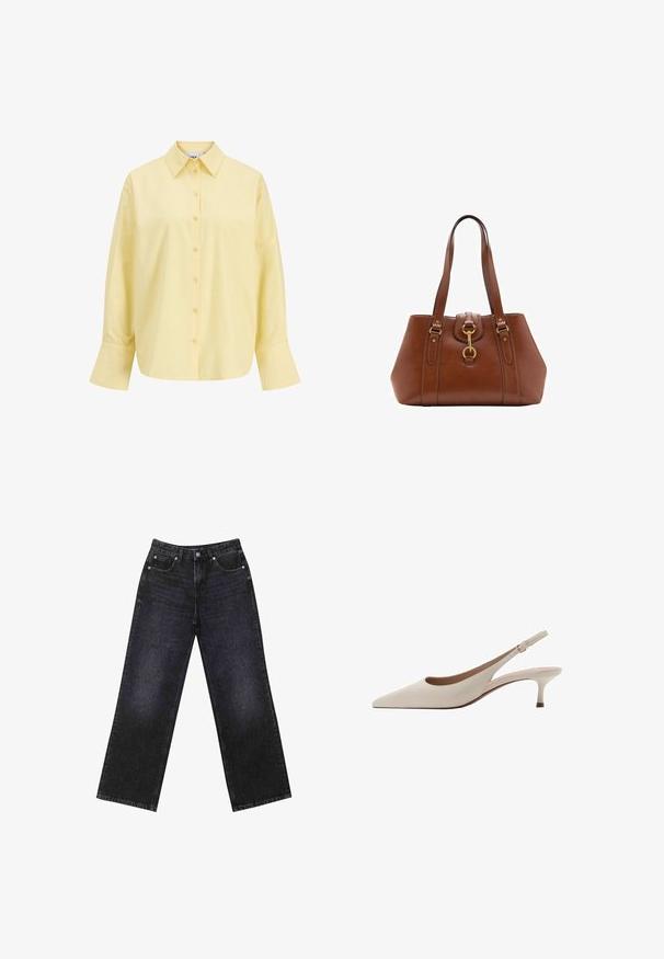 Červený, zkrácený kardigan s dlouhými rukávy, vyrobený z měkkého texturovaného materiálu. Obsahuje knoflíkové zapínání se zlatými akcenty a dvě přední kapsy.; Žlutá bavlněná košile s špičatým límcem, zapínáním na knoflíky vpředu, dlouhými rukávy a volným střihem. Hladká textura a jednoduchý design.; Černé džíny s vysokým pasem a širokým střihem, pět kapsami a viditelným švem. Materiál má hladký, mírně strukturovaný povrch.; Béžové lodičky na podpatku s špičatou špičkou a nízkým rozšířeným podpatkem. Vyrobené z hladké kůže s minimalistickým designem a nastavitelným páskem.; Hnědá kožená kabelka s pevnou strukturou, zlatými kovovými doplňky, dvojitými ramenními popruhy a ozdobnou přezkou uprostřed.