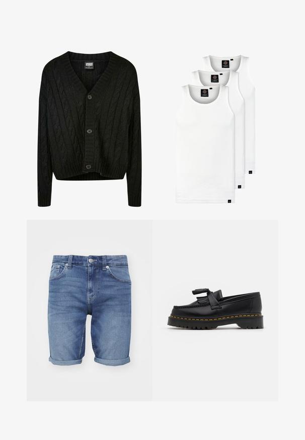 Černý kardigan pletený do vzoru kabelu s V-výstřihem, dlouhými rukávy a pěti hnědými knoflíky vpředu. Má žebrované detaily a zkrácený lem.; Tři bílé žebrované tílka vyrobené z bavlny. Mají kulatý výstřih a malé černé štítky poblíž lemu. Dostupné v několika velikostech.; Džínové kraťasy světle modré barvy. Mají klasický pětipocket design, ohrnuté lemy a kovové zapínání v pase.; Černé kožené mokasíny s třásněmi, se silnou černou podrážkou a žlutým prošíváním podél okraje. Texturovaný povrch.