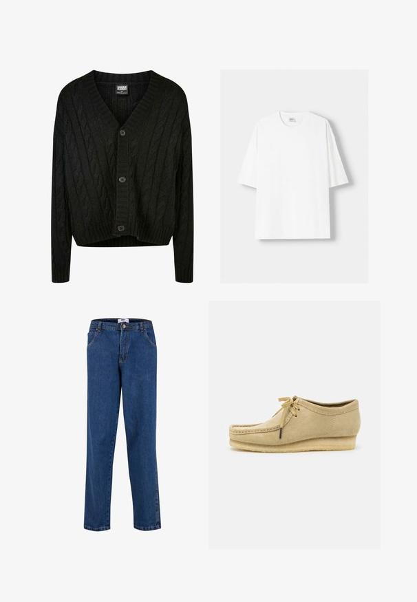 Schwarze Kabelstrick-Cardigan mit V-Ausschnitt, langen Ärmeln und fünf braunen Knöpfen auf der Vorderseite. Mit Rippdetails und einem verkürzten Saum.; Weißes kurzärmliges T-Shirt aus Baumwolle mit Rundhalsausschnitt und lockerer Passform. Glatte Textur, ohne sichtbare Muster oder Akzente.; Blaue Jeans aus Denim mit geradem Bein, ausgestattet mit einem Knopfverschluss, Vordertaschen und kontrastierenden Nähten entlang der Nähte.; Beige Wildlederschuh mit Schnürdesign, gestickten Details und Gummisohle. Die Form ist lässig mit einem leichten Keilabsatz.