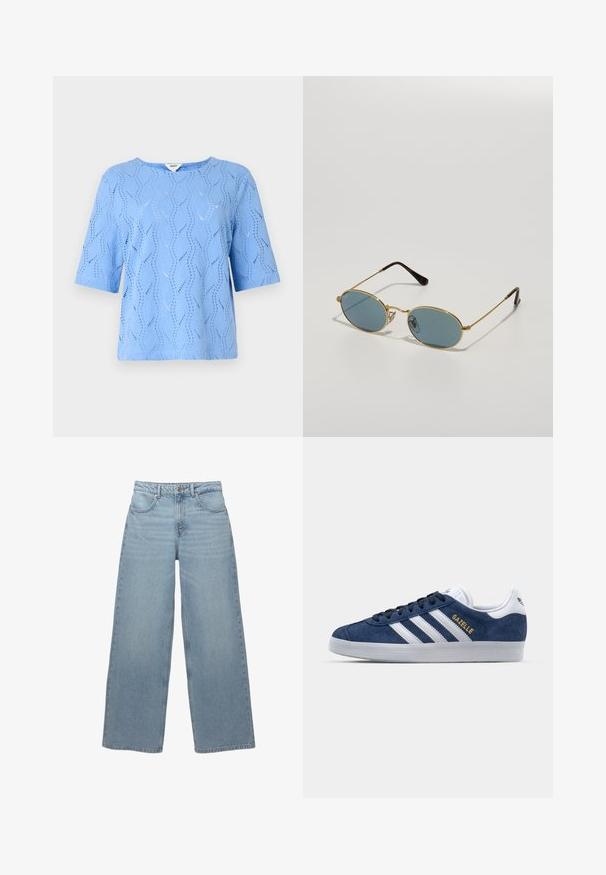 Cardigan jaune à manches courtes en texture côtelée avec un col rond et une fermeture par boutons sur le devant.; Un haut bleu clair à manches courtes avec un motif de vagues et des détails découpés. Encolure ronde, coupe décontractée, fabriqué en tissu texturé.; Jean large bleu clair en denim de coton, doté de cinq poches, d'une fermeture à bouton à l'avant et de légers effilochages le long de l'ourlet.; Baskets en suède marine avec des accents en cuir blanc, trois rayures blanches et un logo "Gazelle" doré. Semelle en caoutchouc ronde, design basse.; Lunettes de soleil avec monture en métal doré et verres bleus, de forme ovale, avec des embouts marron. Les caractéristiques notables comprennent des branches fines et des plaquettes de nez transparentes.