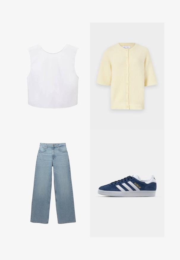 Žltý cardigan s krátkymi rukávmi, vyrobený z rebrovanej textúry, s okrúhlym výstrihom a zapínaním na gombíky po celej dĺžke.; Biele bezrukávové crop top s okrúhlym výstrihom, hladká tkanina a jednoduchý dizajn. Žiadne viditeľné vzory ani kovové detaily.; Svetlo modré široké džínsy vyrobené z bavlneného denimu, s piatimi vreckami, predným zapínaním na gombík a minimálnym obratom pozdĺž lemu.; Námornícke semišové tenisky s bielymi koženými akcentmi, tromi bielymi pruhmi a zlatým logom "Gazelle". Okrúhla gumová podrážka, nízky dizajn.