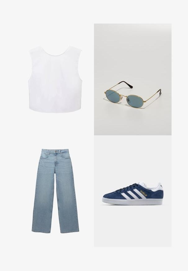 Žlutý kardigan s krátkým rukávem vyrobený z žebrovaného materiálu, s kulatým výstřihem a zapínáním na knoflíky vpředu.; Bílý bezrukávový cropped top s kulatým výstřihem, hladkým materiálem a jednoduchým designem. Žádné viditelné vzory ani detaily z kovu.; Světle modré široké džíny vyrobené z denimové bavlny, s pěti kapsami, předním zapínáním na knoflík a minimálním třepením podél lemu.; Námornické semišové tenisky s bílými koženými akcenty, třemi bílými pruhy a zlatým logem "Gazelle". Kružnicová gumová podrážka, nízký design.; Sluneční brýle se zlatým kovovým rámem, modrými čočkami, oválného tvaru a hnědými konci. Mezi nápadné vlastnosti patří tenké nožičky a průhledné nosní polštářky.