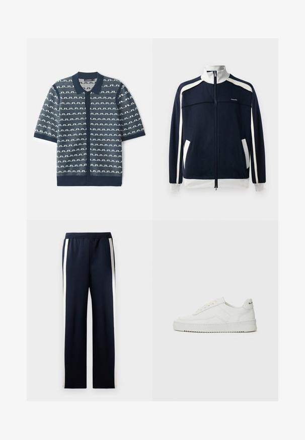 Granatowa sportowa kurtka na zamek błyskawiczny z białymi akcentami, prążkowanym kołnierzem i mankietami, dwiema bocznymi kieszeniami oraz małym logo na piersi. Gładka tekstura materiału.; Granatowy kardigan z krótkim rękawem, wykonany na szydełku, z geometrycznym białym wzorem, z zapięciem na guziki oraz klasycznym kołnierzykiem. Teksturowany materiał z kontrastowymi akcentami.; Granatowe dresy z szerokimi nogawkami, z pionowymi kremowymi paskami po bokach. Wykonane z miękkiej, teksturowanej tkaniny z elastycznym pasem.; Białe skórzane sneakersy o gładkim wykończeniu, okrągłym nosku, płaskich sznurówkach i teksturowanej podeszwie. Charakteryzują się delikatnym logo na pięcie.
