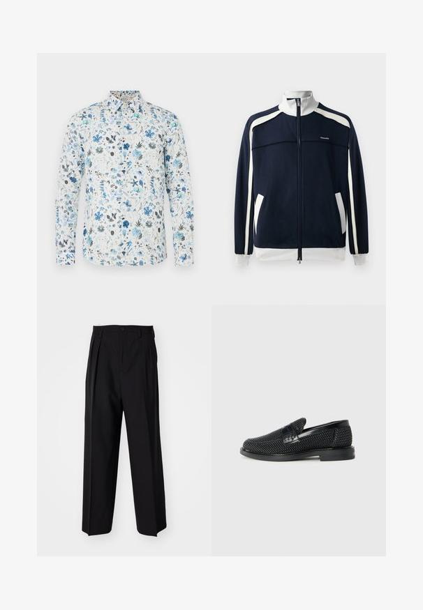 Granatowa sportowa kurtka na zamek błyskawiczny z białymi akcentami, prążkowanym kołnierzem i mankietami, dwiema bocznymi kieszeniami oraz małym logo na piersi. Gładka tekstura materiału.; Koszula z długim rękawem wykonana z białej tkaniny z kwiatowym wzorem w odcieniach niebieskiego, zielonkawego i szarości, z kołnierzykiem na guziki i zaokrąglonym brzegiem.; Czarne plisowane spodnie o prostym, szerokim kroju nogawek. Wykonane z gładkiego materiału, z zapięciem na guzik i pętelkami na pasek.; Czarny, pleciony but wsuwany z gładkim skórzanym akcentem na cholewce, o okrągłym nosku i niskoprofilowej gumowej podeszwie.
