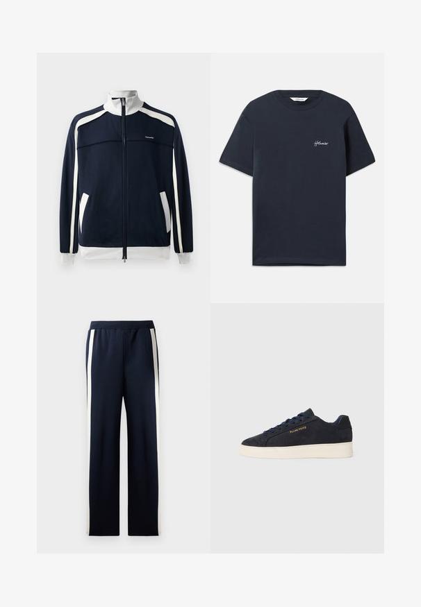 Jūras spēku zipa sporta jaka ar baltajām akcentiem, ribotām apkaklēm un aprocēm, divām sānu kabatām un mazu logotipu uz krūšu daļas. Gluda auduma tekstūra.; Tumši zila kokvilnas T-krekla ar īsām piedurknēm. Izceļas ar balto izšuvumu zīmolu logo kreisajā krūtī. Klasisks apaļais kakla izgriezums.; Jūras spēku pelēkās bikses ar platām kājām, akcentētas ar vertikālām krēmkrāsas svītrām pa malām. Izgatavotas no mīkstas, teksturētas auduma ar elastīgu jostu.; Navy zila zamšas zema augstuma kedas ar baltu zoli, navy krāsas auklām un "Filling Pieces" logo zeltā sānos.