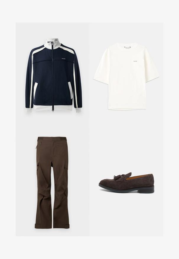 Tumedast sinine spordijakk, millel on valged aktsendid, soonikkrae ja varrukate ääred, kaks küljetaskut ning väike logo rinnal. Sile kangatekstuur.; Valge lühikeste varrukatega T-särk, mis on valmistatud puuvillast. Omab ümarat kaelaauku ja väikest musta "Holzweiler" logo vasakul küljel.; Pruunid cargo-püksid sirge säärekujundusega, valmistatud vastupidavast kangast; varustatud küljetaskute ja tugevdatud õmblustega lisajõudluse tagamiseks.; Paul Smith LAWSON - Jalga libistatavad jalanõud - brown