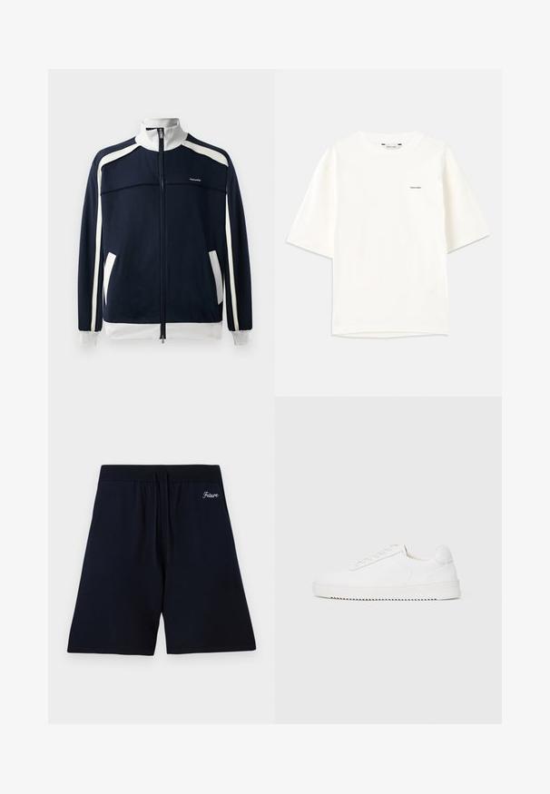 Marineblå zip-up sportjakke med hvide detaljer, ribbet krave og manchetter, to sidelommer og et lille logo på brystet. Glat stoftekstur.; Hvid kortærmet T-shirt lavet af bomuld. Har en rund hals og et lille sort "Holzweiler" logo på venstre side.; Marineblå shorts lavet af blød stof, med en elastisk talje og snore, og broderet tekst "Future" nær toppen.; Hvid sneaker med en glat læderoverdel, rund tå, snørebånd, teksturerede sideaccenter og en tyk gummisål. Minimalistisk design.