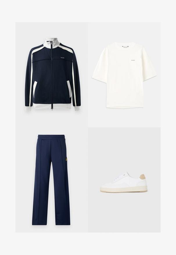 Marinefarbene Sportjacke mit Reißverschluss und weißen Akzenten, geripptem Kragen und Bündchen, zwei Seitentaschen und einem kleinen Logo auf der Brust. Glatte Stofftextur.; Weißes T-Shirt mit kurzen Ärmeln aus Baumwolle. Verfügt über einen Rundhalsausschnitt und ein kleines schwarzes "Holzweiler"-Logo auf der linken Seite.; Marineblaue Sporthose mit glatter Textur, elastischem Bund und kleinem gesticktem Logo am oberen linken Bein. Klassisches Design mit geradem Bein.; Weiße Low-Top-Sneaker mit einem strukturierten Lederobermaterial, cremefarbener, geriffelter Sohle und einem braunen Akzent an der Ferse. Mit weißen Schnürsenkeln und Logodetail an der Ferse.