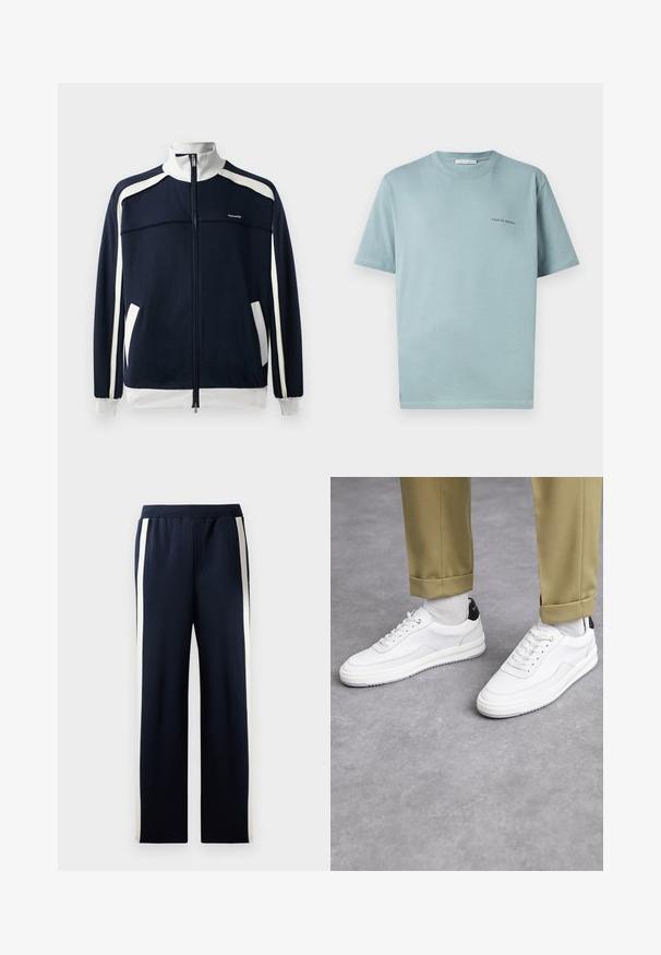 Marineblå zip-up sportjakke med hvide detaljer, ribbet krave og manchetter, to sidelommer og et lille logo på brystet. Glat stoftekstur.; Lyseblå bomulds-T-shirt med rund hals, korte ærmer og et lille "TIGER OF SWEDEN" logo på venstre bryst. Glat tekstur.; Marineblå sweatpants med bred ben-design, der har lodrette cremefarvede striber langs siderne. Fremstillet af blødt, tekstureret stof med elastisk talje.; Hvide sneakers med en tekstureret læderfinish, rund tå og sort hælaccent. Gummisål med lille mønster og syede detaljer.