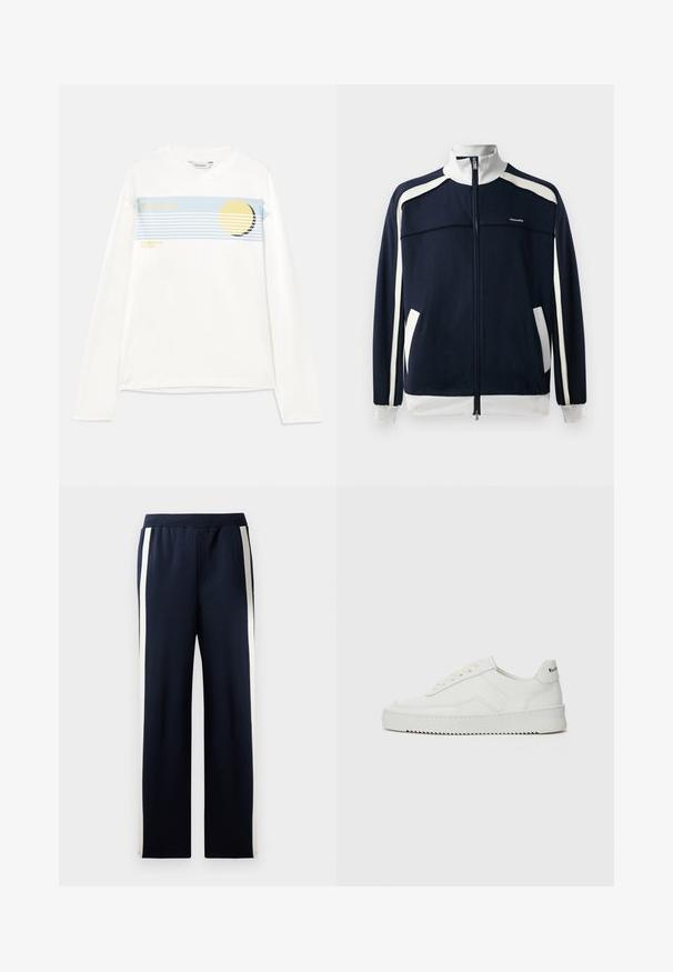 Tengerészsék zipzáras sportdzseki fehér akcentussal, bordázott gallérral és mandzsettákkal, két oldalsó zsebbel és egy kis logóval a mellkasán. Simább anyagú textúra.; Fehér, hosszú ujjú póló, kék grafikával díszített csíkkal, sárga kör alakú mintával és "Holzweiler" valamint "SUMMER 25 THE SUN" felirattal. Puha pamut anyag.; Tengerészek színű, széles lábbetétű melegítőnadrág, az oldalán függőleges krémszínű csíkkal. Puha, texturált anyagból készült, elasztikus derékrésszel.; Fehér bőr sportcipő sima felülettel, kerek orral, lapos fűzőkkel és texturált talppal. Finom logó található a sarokon.