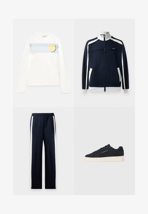 Tamsiai mėlynas užtrauktukas sportinis švarkas su baltais akcentais, su raukšlėtu apykakle ir rankogaliais, dviem šoninėmis kišenėmis ir mažąja logotipo etikete ant krūtinės. Lygus audinio paviršius.; Balta ilga rankovė marškinėlių užsakyta su mėlynu grafiniu juostu, geltonu apvaliu dizainu ir užrašais "Holzweiler" bei "VASARA 25 SAULĖ." Minkšta medvilnė.; Jūrų laivyno kelnės su plačia kojų forma, su vertikaliomis smėlio spalvos juostelėmis šoninėse dalyse. Pagamintos iš minkštos, tekstūrinės medžiagos, su elastinga juosmens juosta.; Tamsiai mėlynos zomšos žemos batai su balta siaura, tamsiai mėlynais raišteliais ir auksiniu logotipu „Filling Pieces“ šone.