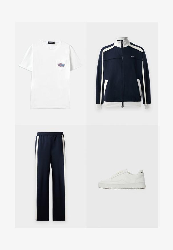 Navy zip-up sports jacket with white accents, ribbed collar and cuffs, two side pockets, and a small logo on the chest. Smooth fabric texture.; White cotton t-shirt with short sleeves, crew neck, featuring a left chest pocket and multicolored embroidered logo detail.; Navy sweatpants with a wide leg design, featuring vertical cream stripes along the sides. Made from soft, textured fabric with an elastic waistband.; White leather sneaker with a smooth finish, round toe, flat laces, and a textured sole. Features a subtle logo on the heel.