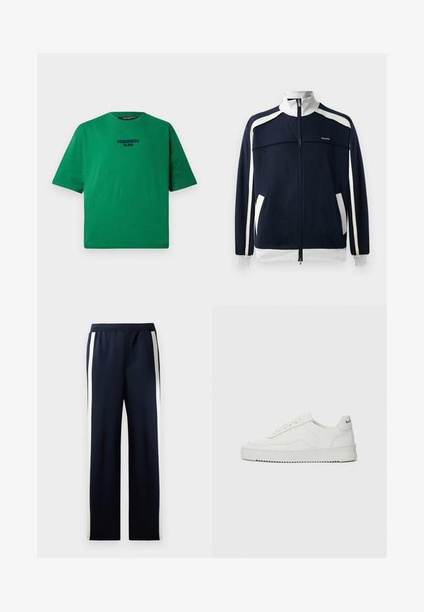 Marineblauwe sportjack met rits en witte accenten, ribgebreide kraag en boorden, twee zijzakken en een klein logo op de borst. Soepele stoftextuur.; Groene T-shirt van katoen, met een ronde hals en korte mouwen. Zwart "DSQUARED2 MILANO" logo gecentreerd op de voorkant.; Navy sweatpants met een wijd beenontwerp, voorzien van verticale crèmekleurige strepen langs de zijkanten. Gemaakt van zachte, gestructureerde stof met een elastische tailleband.; Witte leren sneaker met een gladde afwerking, ronde neus, platte veters en een gestructureerde zool. Kenmerkt zich door een subtiel logo op de hiel.