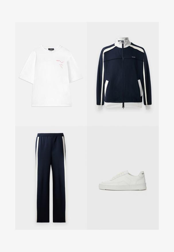 Námornícka športová bunda na zips s bielymi akcentmi, rebrovaným golierom a manžetami, dvoma bočnými vreckami a malým logom na hrudi. Hladká textúra látky.; Dsquared2 LOOSE FIT TEE - Tričko s potlačou - white; Námornícke teplákové nohavice s širokým strihom, s vertikálnymi krémovými pruhmi po stranách. Vyrobené z mäkkého, textúrovaného materiálu s elastickým pásom.; Biele kožené tenisky s hladkým povrchom, okrúly špičkový dizajn, ploché šnúrky a textúrovaná podrážka. Obsahujú jemné logo na päte.