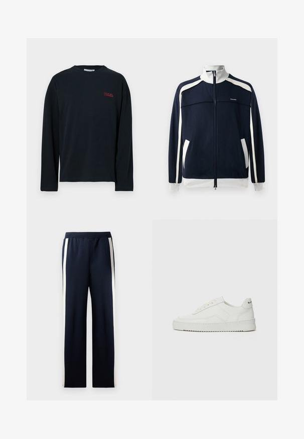 Tamsiai mėlynas užtrauktukas sportinis švarkas su baltais akcentais, su raukšlėtu apykakle ir rankogaliais, dviem šoninėmis kišenėmis ir mažąja logotipo etikete ant krūtinės. Lygus audinio paviršius.; Juodas ilgomis rankovėmis marškinėliai, pagaminti iš minkštos medžiagos, su mažu raudonu logotipu kairėje krūtinės pusėje, suapvalintu kaklu ir tiesia apačia.; Jūrų laivyno kelnės su plačia kojų forma, su vertikaliomis smėlio spalvos juostelėmis šoninėse dalyse. Pagamintos iš minkštos, tekstūrinės medžiagos, su elastinga juosmens juosta.; Balti odiniai sportiniai bateliai su lygia apdaila, apvaliu pirštu, plokščiais raišteliais ir tekstūruotu padu. Pasižymi subtiliu logotipu ant kulno.