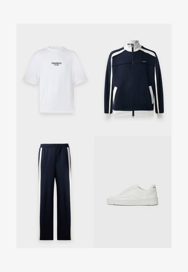 Giacca sportiva navy con zip, dettagli bianchi, colletto e polsini a coste, due tasche laterali e un piccolo logo sul petto. Tessuto dalla consistenza liscia.; T-shirt bianca in cotone con scollo rotondo e maniche corte. Presenta un logo nero stampato con la scritta "DSQUARED2 MILANO" sul petto.; Pantaloni della tuta blu navy con design a gamba larga, caratterizzati da strisce verticali color crema sui lati. Realizzati in un morbido tessuto testurizzato con una cintura elastica.; Sneaker in pelle bianca con una finitura liscia, punta rotonda, lacci piatti e suola testurizzata. Presenta un logo discreto sul tallone.