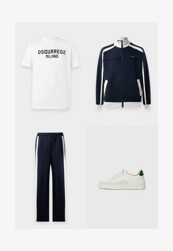 Marineblå zip-up sportjakke med hvide detaljer, ribbet krave og manchetter, to sidelommer og et lille logo på brystet. Glat stoftekstur.; Hvid T-shirt med korte ærmer og sort tekst "DSQUARED2 MILANO" centreret på brystet mod en simpel hvid baggrund.; Marineblå sweatpants med bred ben-design, der har lodrette cremefarvede striber langs siderne. Fremstillet af blødt, tekstureret stof med elastisk talje.; Hvide sneakers med ruskindsdetaljer, rund tå, flade snørebånd og en cremet gummisål. Har grøn branding på hælen.