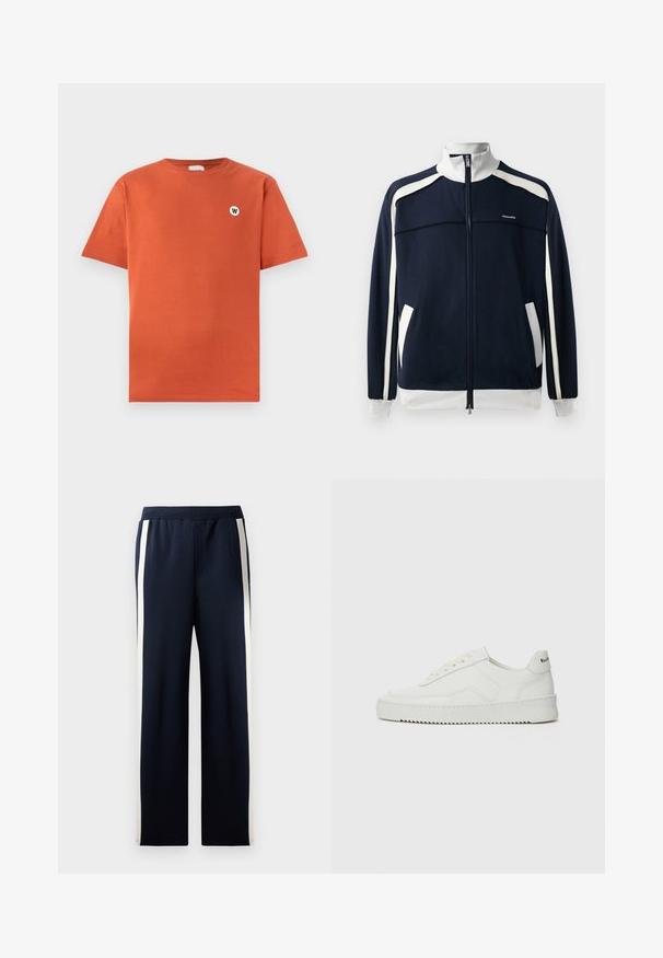 Tumedast sinine spordijakk, millel on valged aktsendid, soonikkrae ja varrukate ääred, kaks küljetaskut ning väike logo rinnal. Sile kangatekstuur.; Põhjakanga t-särk põletatud oranžis, standardne lõige, ümar kaelus, lühikesed varrukad, millel on rinnal väike ümmargune valge logo.; Tumedad spordipüksid laia sääre disainiga, mille külgedel on vertikaalsed kreemivärvi triibud. Valmistatud pehmest, tekstuuriga kangast, elastse vöökoha jaoks.; Valge nahast tennis, millel on sile põhi, ümar varvas, lamedad nöörid ja tekstuuriline tall. Sisaldab diskreetset logo kontsaribal.