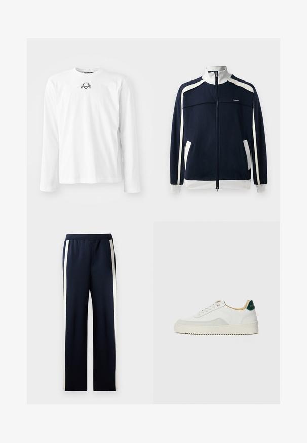 Giacca sportiva navy con zip, dettagli bianchi, colletto e polsini a coste, due tasche laterali e un piccolo logo sul petto. Tessuto dalla consistenza liscia.; Camicia bianca a maniche lunghe in cotone, con scollatura rotonda e un piccolo design grafico nero al centro, con maniche a polsino.; Pantaloni della tuta blu navy con design a gamba larga, caratterizzati da strisce verticali color crema sui lati. Realizzati in un morbido tessuto testurizzato con una cintura elastica.; Sneaker bianco con accenti in camoscio, punta rotonda, lacci piatti e suola in gomma crema. Presenta un marchio verde sul tallone.