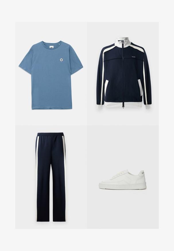 Marineblå zip-up sportsjakke med hvite detaljer, ribbestrikket krage og mansjetter, to sidelommer og en liten logo på brystet. Glatt tekstur.; Blå bomull T-skjorte med rund hals, korte ermer og en liten rund logo med en "W" på venstre bryst.; Marineblå joggebukser med bred bendesign, med vertikale kremfargede striper langs sidene. Laget av myk, strukturert stoff med elastisk midjebånd.; Hvite lærersneakers med en jevn overflate, rund tå, flate lisser og en teksturert såle. Har en subtil logo på hælen.