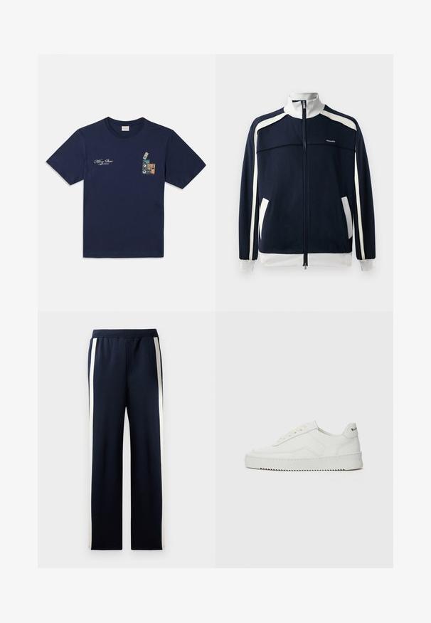Námořnická zipová sportovní bunda s bílými akcenty, ribovaným límcem a manžetami, dvěma bočními kapsami a malým logem na prsou. Hladká textilie.; Námořnická modrá bavlněná trička s krátkým rukávem, se vzorem naskládaných kazet a textem "Killing Bees" na hrudi.; Námořnické tepláky s širokým střihem, které mají podél stran vertikální krémové pruhy. Vyrobené z měkké texturované tkaniny s elastickým pasem.; Bílé kožené tenisky s hladkým povrchem, kulatou špičkou, plochými tkaničkami a texturovanou podrážkou. Na patě se nachází nenápadné logo.