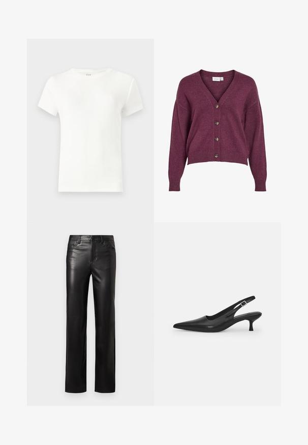Burgundi színű, rövidített kardigán V-nyakkal, öt barna gombbal és hosszú ujjakkal, bordás mandzsettával és aljjal, puha kötött anyagból.; Fehér, rövid ujjú, bordás anyagból készült póló, klasszikus, kerek nyakkivágással és egyszerű, testhez simuló fazonnal. Nincsenek minták vagy díszítések.; Fekete bőr nadrág egyenes szabással, gombos záródással és elülső zsebekkel. Simább textúrával és diszkrét varrási részletekkel rendelkezik.; Fekete bőr szandálcipő hegyes orral és karcsú, ívelt sarokkal. Diszkrét, állítható pánttal rendelkezik, fém csattal.