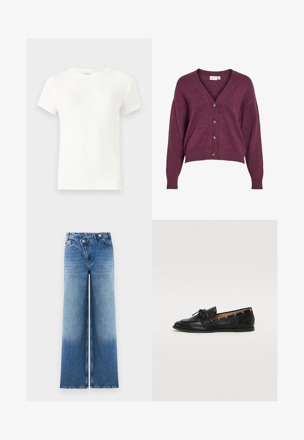 Burgundi színű, rövidített kardigán V-nyakkal, öt barna gombbal és hosszú ujjakkal, bordás mandzsettával és aljjal, puha kötött anyagból.; Fehér, rövid ujjú, bordás anyagból készült póló, klasszikus, kerek nyakkivágással és egyszerű, testhez simuló fazonnal. Nincsenek minták vagy díszítések.; Világoskék, bő szárú farmernadrág, elhalványodott mosással, klasszikus öt zsebes kivitelben, fémből készült gombokkal a deréknál.; Fekete bőr lófarok cipők, megkötött masnival, arany szemcsés díszítéssel az oldalán és lapos gumitalppal. Simaság, klasszikus dizájn.