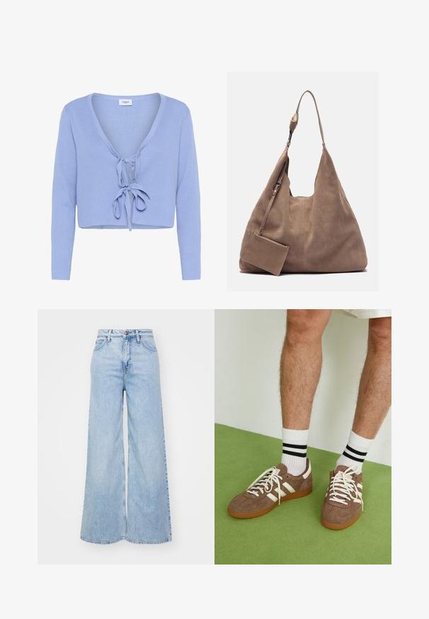 Cárdigan corto azul claro con mangas largas, textura acanalada, escote en V profundo y cierre frontal con lazo. Etiqueta de la marca "Saint" visible en el escote.; Top sin mangas blanco de canalé con un escote redondo. Textura suave con una silueta ajustada y sin acentos visibles.; Jeans de pernera ancha en denim de color azul claro, con una cintura alta, cierre de botón y un ligero desvanecimiento. Los bordes están acabados.; Zapatillas de ante marrón con acentos y cordones blancos. Suela de goma color caramelo. Usadas con calcetines blancos con rayas negras. Suelo texturizado verde.; Zign LEATHER - Bolso shopping - light brown