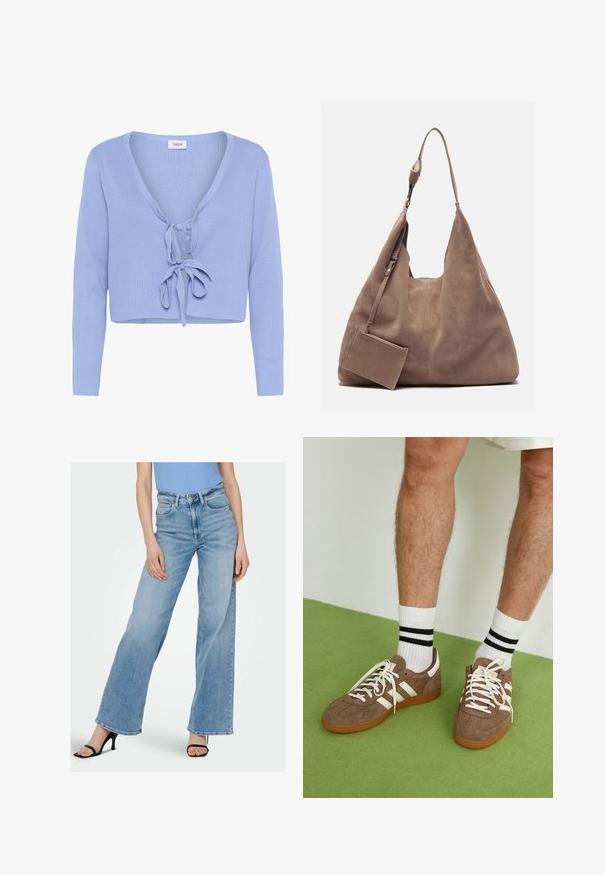 Gaiši zila īsā kardigāna veste ar garām piedurknēm, ribota tekstūra, dziļš V veida kakla izgriezums un priekšējā saslēgšana. Zīmola uzlīme "Saint" redzama pie kakla izgriezuma.; Balta ribota topiņa ar apaļu kakla izgriezumu un bez piedurknēm. Gluda tekstūra ar pieguļošu siluetu un bez redzamām akcentiem.; Gaiši zili denima plaša kāju džinsi ar augstu jostu, ar redzamām šuvēm un klasisko piecu kabatu dizainu. Apvienoti ar melnām siksnām uz papēžiem.; Brūni zamša sporta apavi ar baltām akcentu un auklām. Kaučuka zole. Nēsāti ar baltām zeķēm, kurām ir melnas svītras. Zaļa struktūrēta grīda.; Zign LEATHER - Maisiņveida soma - light brown