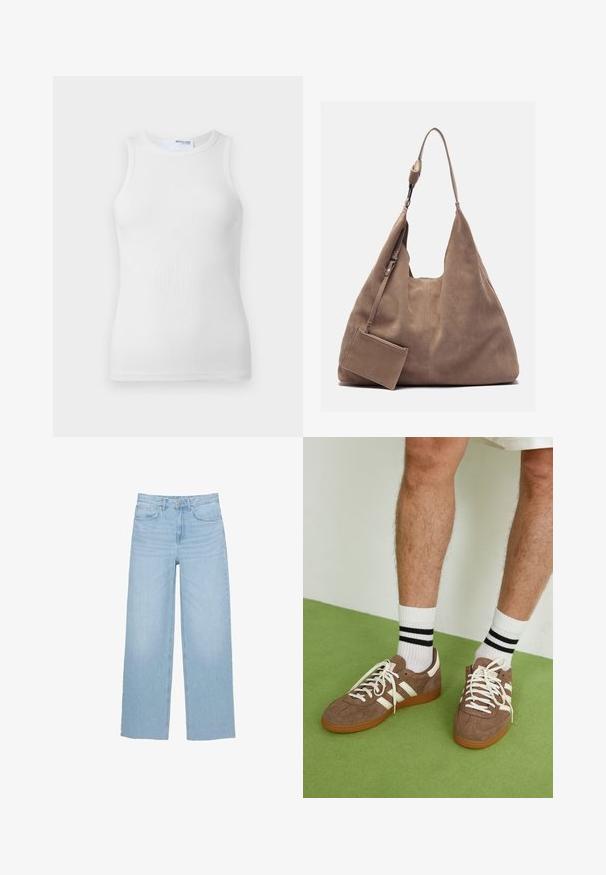 Svijetloplavi skraćeni kardigan s dugim rukavima, rebrastom teksturom, dubokim V-izrezom i kopčanjem sprijeda. Brend oznaka "Saint" vidljiva je na izrezu.; Bijela rebrasta majica bez rukava s okruglim izrezom. Glatka tekstura s oblikovanim krojem i bez vidljivih dodataka.; Svijetloplave traperice širokih nogavica, visokog struka, ravnog kroja, s pet džepova i čistem rubom.; Smeđe nubuk tenisice s bijelim detaljima i vezicama. Gumeni potplat. Nosene s bijelim čarapama s crnim prugama. Zeleno teksturirano pod.; Zign LEATHER - Velika torba - light brown