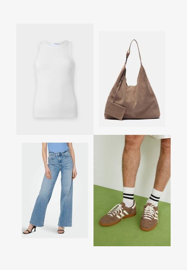 Šviesiai mėlynas trumpas kardiganas su ilgomis rankovėmis, dryžuota tekstūra, giliu V formos kaklu ir priekyje susieta uždanga. Prekės ženklo etiketė "Saint" matoma ant kaklo.; Balta juostelė su apykakle ir be rankovių. Lygus audinys su prisitaikančia siluetu ir be akivaizdžių akcentų.; Šviesiai mėlyni džinsai plačiomis kojomis ir aukštu liemeniu, su matomomis siūlėmis ir klasikinio penkių kišenių dizainu. Priderinti su juodomis diržinėmis kulniukais.; Rudoni veršiai sportbačiai su baltais akcentais ir raišteliais. Gumos padu. Dėvimi su baltais kojinėmis, turinčiomis juodas juostas. Žalios tekstūruotos grindys.; Zign LEATHER - Pirkinių krepšys - light brown