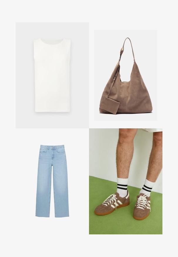 Vaaleansininen lyhyt neuletakki, jossa on pitkät hihat, ribbikuvio, syvä V-pääntie ja edessä solmittava suljenta. Brändilappu "Saint" näkyvissä kauluksessa.; Häivytön valkoinen crew-neck -paita suoran helman kanssa, esillä litteänä vaaleanharmaata taustaa vasten.; Vaaleansiniset leveät farkut, joissa on korkea vyötärö, suora leikkaus ja viisi taskua puhtaalla helmallaan.; Ruske nahkate sneakerit valkoisilla korostuksilla ja nauhoilla. Kumi-gumipohja. Yhdistetty valkoisiin sukkiin, joissa on mustia raitoja. Vihreä teksturoitu lattia.; Zign LEATHER - Shopping bag - light brown