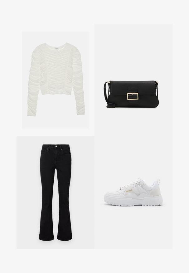 Langer Cardigan aus weichem Stoff mit einem schwarz-beigen Zebra-Muster. Offene Vorderseite, lange Ärmel und eine lockere Passform.; Langärmliges weißes Oberteil mit gerafften Stoffdetails, rundem Ausschnitt und taillierter Passform. Weiches, strukturiertes Material mit Raffung entlang der Ärmel.; Schwarze Schlagjeans aus Denim, mit einem mittelhohen Bund, Fronttaschen und Knopfverschluss. Glatte Textur mit minimalen Nähten.; Weiße Sneakers mit chunky Design, gefertigt aus Leder und synthetischen Materialien, mit strukturierten Details, Schnürsenkeln und einem auffälligen Logo in Gold.; Schwarze Leder-Clutch mit Klappe und goldfarbenem Metallschnallen-Detail. Enthält einen schwarzen Riemen und ein schlankes, minimalistisches Design.; Silberne Creolen mit gedrehter Gestaltung, ausgestattet mit einer polierten Oberfläche und einer Steckverschluss. Sie haben einen Durchmesser von ca. 3 cm.