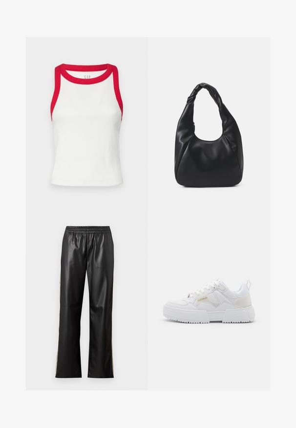 Gara kardigāna, kas izgatavota no mīksta auduma, ar melnbaltu zebrveida rakstu. Atvērta priekšpuse, garas piedurknes un brīvs piegriezums.; Balta ribota tops ar sarkanu apdari pie kakla un rokām. Iezīmēts ar pieguļošu dizainu un taisnu apakšu. Ar strukturētu audumu. Redzama zīmola logo.; Melnas mākslīgās ādas bikses ar elastīgu jostasvietu, taisnas kājas dizainu un kontrastējošām sānu līnijām. Gluda tekstūra un minimālisma stils.; Balti sporta apavi ar masīvu dizainu, kas izgatavoti no ādas un sintētiskām vielām, ar strukturētu apdari, auklām un izteiksmīgu zelta krāsas logotipu.; Melnā hobo soma, kas izgatavota no gludas ādas līdzīga materiāla, ar savītu rokturi, ar mīkstu, noapaļotu formu un augšējo rāvējslēdzēju.; Zelta auskari ar gludu, spīdīgu apdari. Apaļš dizains, kas ietver mazu tapu un caurspīdīgu pamatni drošai valkāšanai.