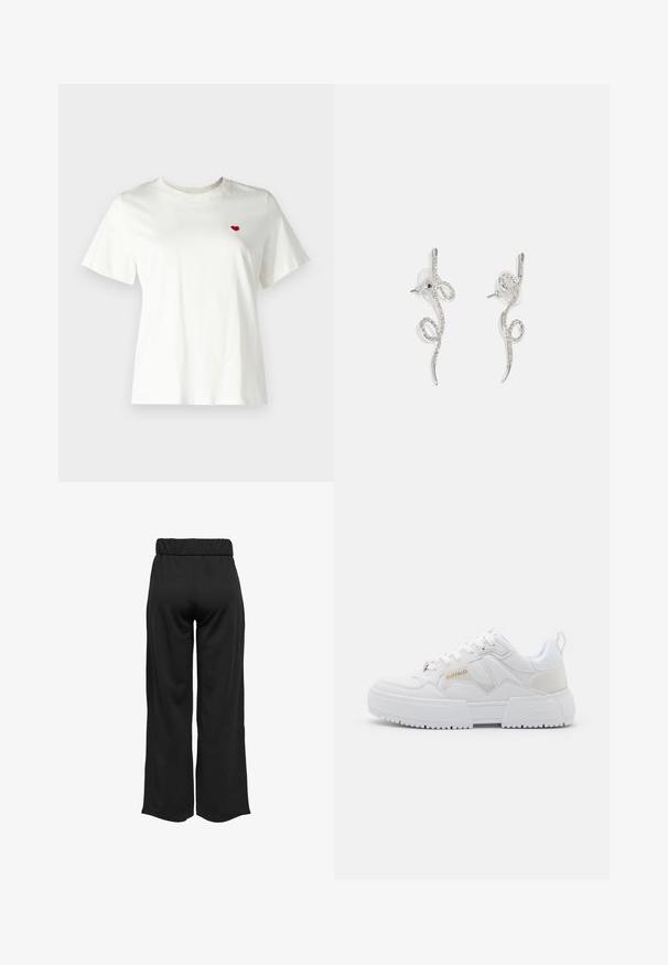 Lang jack van zacht materiaal, met een zwart en beige zebrapatroon. Ontwerp met open voorkant, lange mouwen en een relaxte pasvorm.; Witte katoenen t-shirt met korte mouwen en een ronde hals, met een klein rood hart geborduurd op de linker borst.; Zwarte, wijde broek met een elastische tailleband, gemaakt van gladde stof. Heeft een strakke uitstraling zonder zakken of zichtbare stikseldetails.; Witte sneakers met een chunky ontwerp, gemaakt van leren en synthetische materialen, met textuurovereenkomsten, veters en een prominent logo in goud.; Zilveren gedraaide oorbelontwerp met delicate krullen, versierd met kleine doorzichtige rhinestones langs het oppervlak. Met studsluiting voor een veilige draagervaring.
