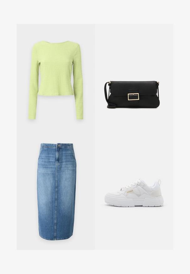 Long cardigan made of soft fabric, featuring a black and beige zebra pattern. Open front design, with long sleeves and a relaxed fit.; Long-sleeve cropped top in textured light green fabric with a boat neckline and slightly fitted silhouette. No visible patterns or accents.; Denim pencil skirt in light blue featuring a straight cut, front button closure, and subtle fading. Hemline is just above the knee.; White sneakers with a chunky design, featuring leather and synthetic materials, textured detailing, laces, and a prominent logo in gold.; Black leather clutch bag with a flap and a gold metal buckle detail. Includes a black strap and a sleek, minimalist design.; Gold hoop earrings with a smooth, shiny finish. Circular design featuring a small post and clear backing for secure wear.