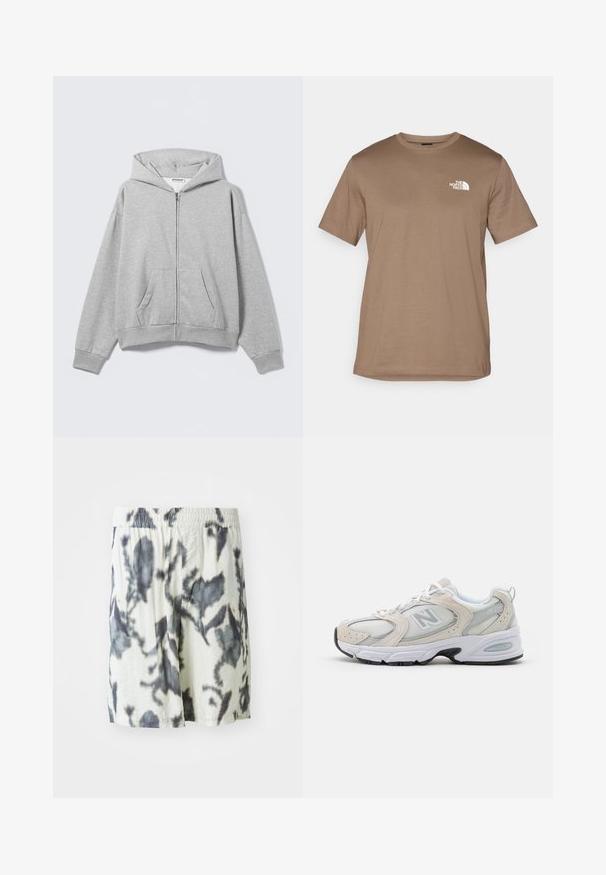 Gray zip-up hoodie made of soft fabric, featuring a hood, front pockets, and ribbed cuffs. Simple design with no patterns or embellishments.; Brown short-sleeve T-shirt made of cotton with a ribbed crew neck. Features a small white logo on the left chest area.; White shorts with a black tie-dye pattern, featuring an elastic waistband and breathable fabric for comfort. Casual design with loose fit.; Athletic shoe featuring a light gray mesh upper with suede accents, white laces, and a black rubber sole. Notable ABZORB cushioning detail.