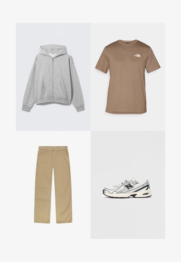 Grauer Kapuzenpullover mit Reißverschluss aus weichem Stoff, mit Kapuze, Fronttaschen und gerippten Bündchen. Schlichtes Design ohne Muster oder Verzierungen.; Braunes T-Shirt mit kurzen Ärmeln aus Baumwolle und geripptem Rundhalsausschnitt. Verfügt über ein kleines weißes Logo im linken Brustbereich.; Beige Baumwolltwill-Hosen mit geradem Schnitt, fünf Taschen, vorderem Knopfverschluss und kupferfarbenen Nieten für zusätzliche Strapazierfähigkeit.; Weißer und grauer Sportschuh mit schwarzem "N"-Logo, Obermaterial aus Mesh, gepolsterter Sohle und Schnürdesign, auf einem einfachen hellgrauen Hintergrund abgebildet.